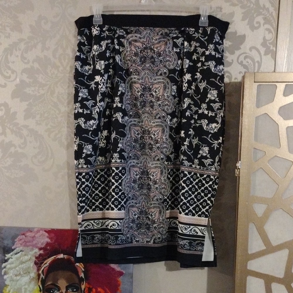 Cato Black and Cream Embellished Midi Pencil Skirt
